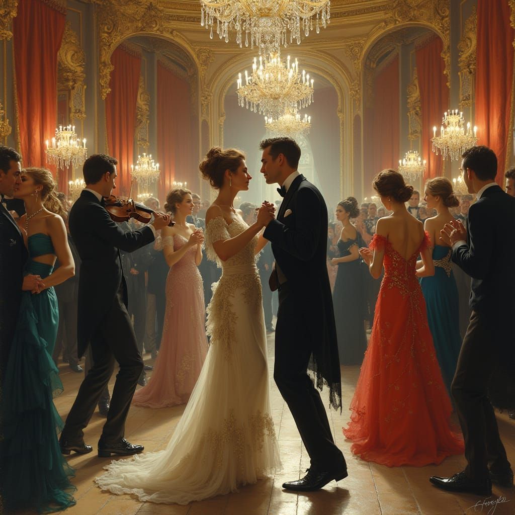 Gilded Age Ballroom Dance in an Oil Painting Style
