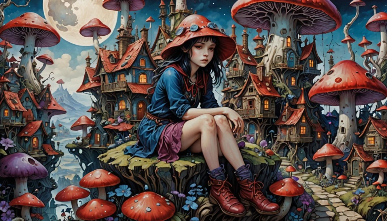 Surreal Girl on Mushroom with Magic Patterns