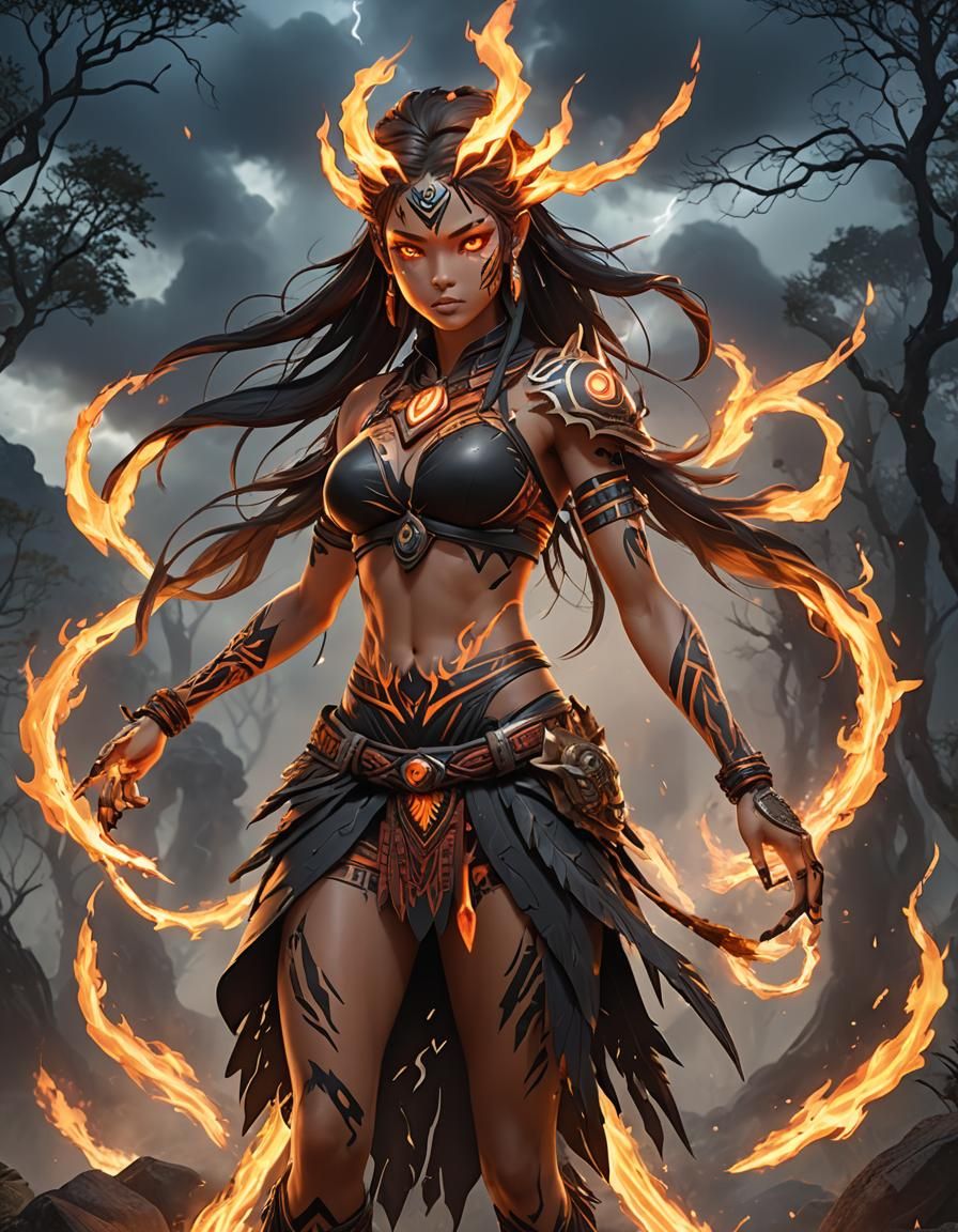 Fiery Tribe Girl with Glowing Spirit in 3D Anime Art