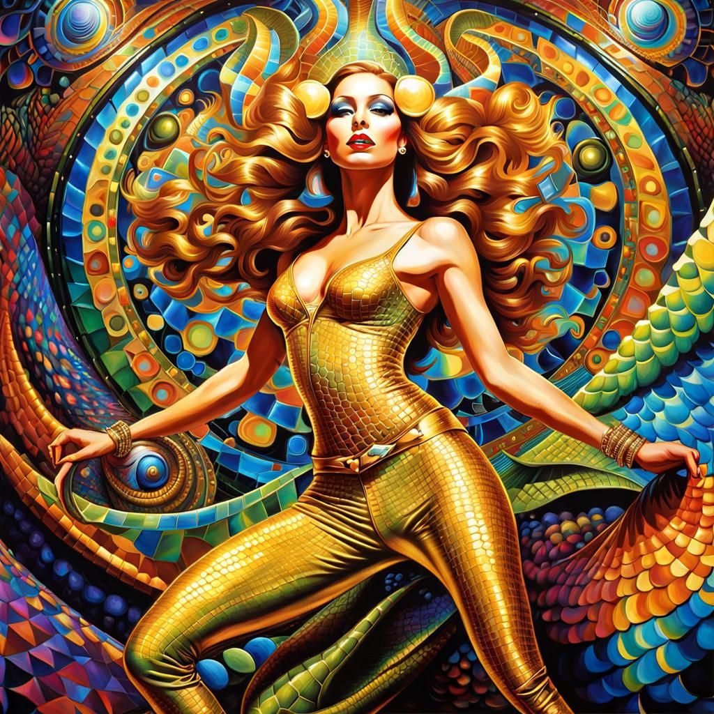 Retrofuturistic Reptilian Acrobat in a Club