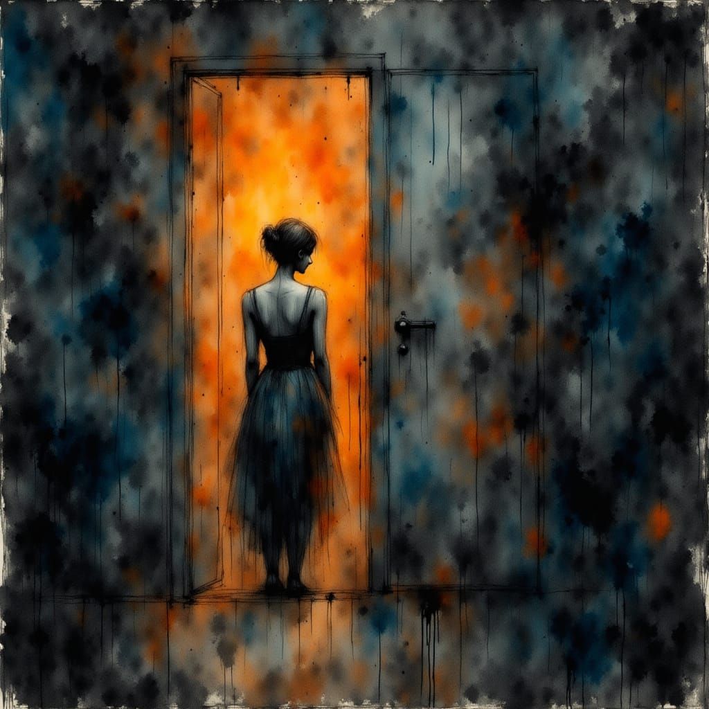 Figure at Doorway in Fiery Glow, Expressive Style