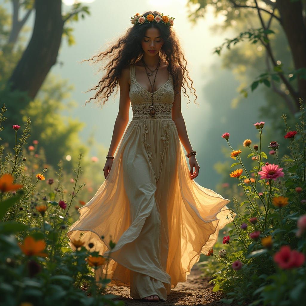 Ethereal Rainforest Maiden in Whimsical Floral Embroidery