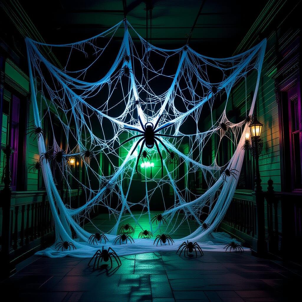 Giant Halloween Spider Web with Spiders in Haunted House