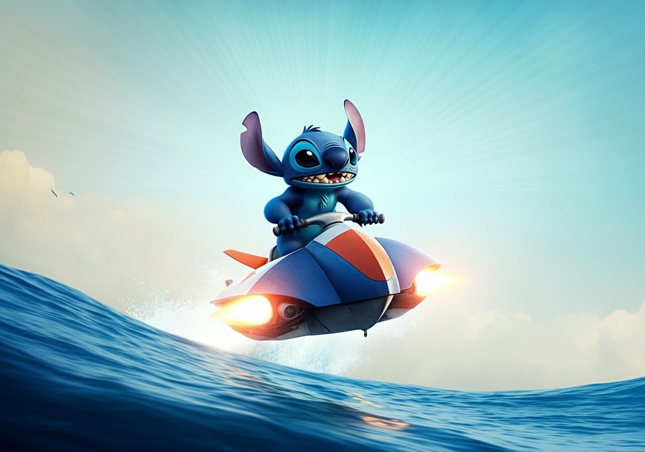 Stitch from Lilo and Stitch riding on a flying jetski with high powered hyperdrive twin boosters having a blast