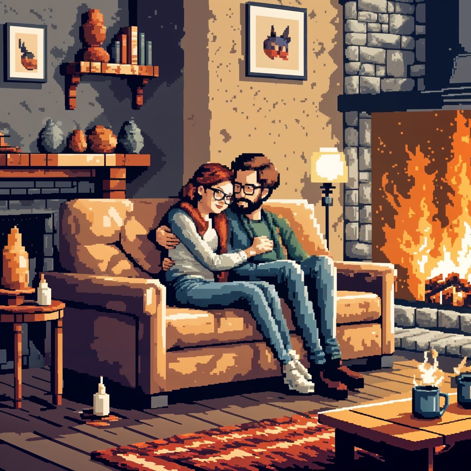 Hipster Couple Cuddling by Fireplace in Pixel Art