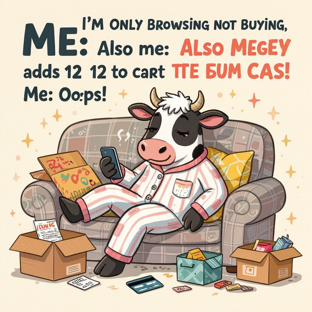 Cartoon Cow's Online Shopping Spree in Pastel Colors