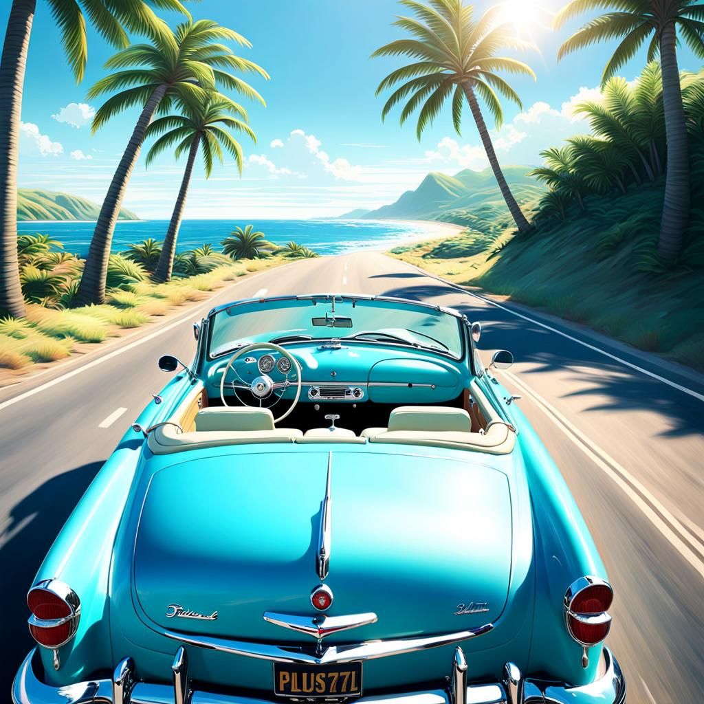 Pastel Convertible on Coastal Highway in 3D Anime Style