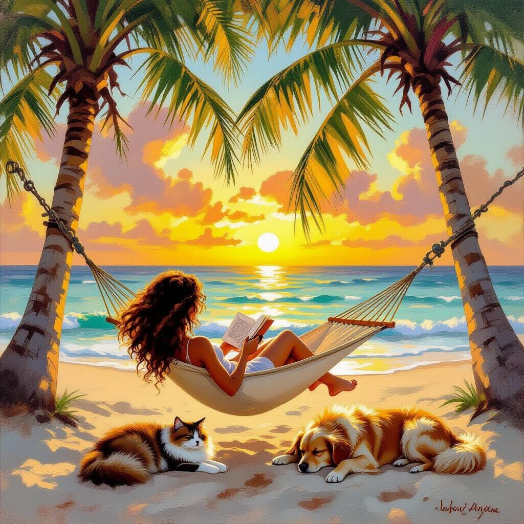 Woman Reading on Tropical Beach at Sunset, Oil Painting