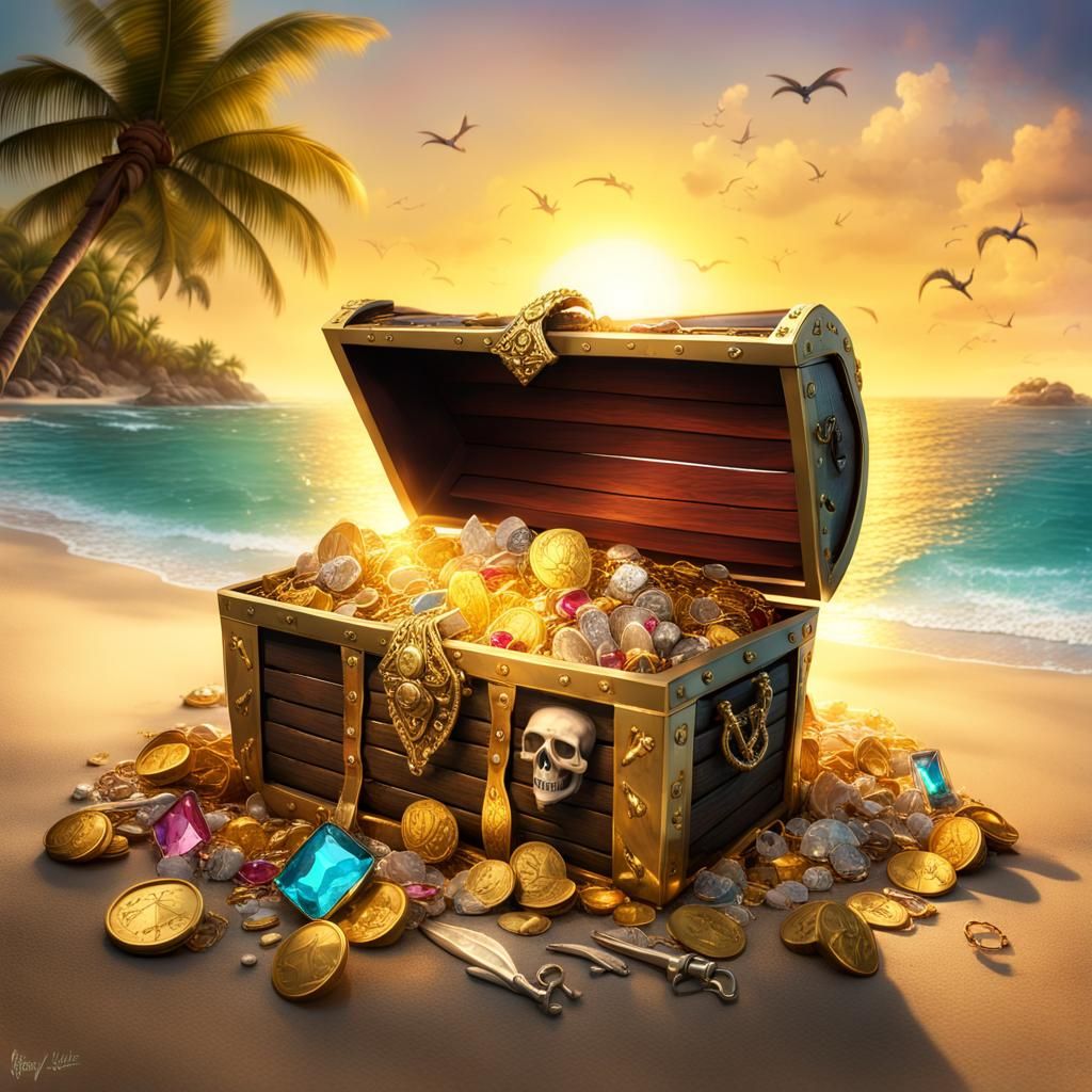 Ornate Pirate Treasure Chest on Sunny Beach
