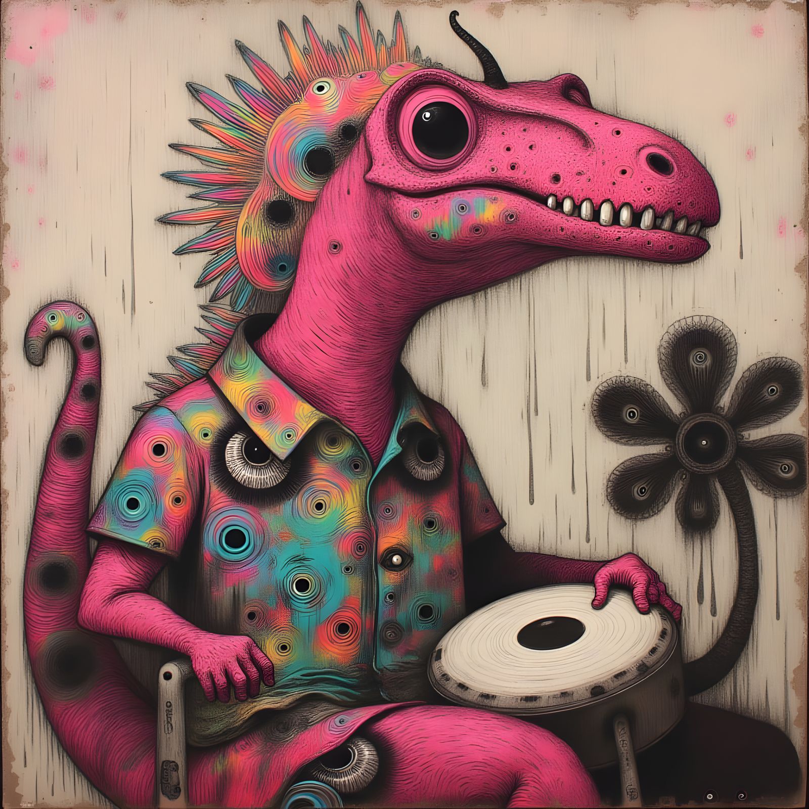 Pink T-Rex Banging Gong in Encaustic Surrealism