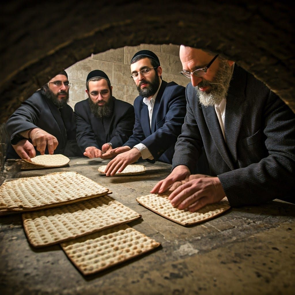 A group of Haredi Jews happily baking matzah for Passover next to an oven, a scene from before the Common Era.