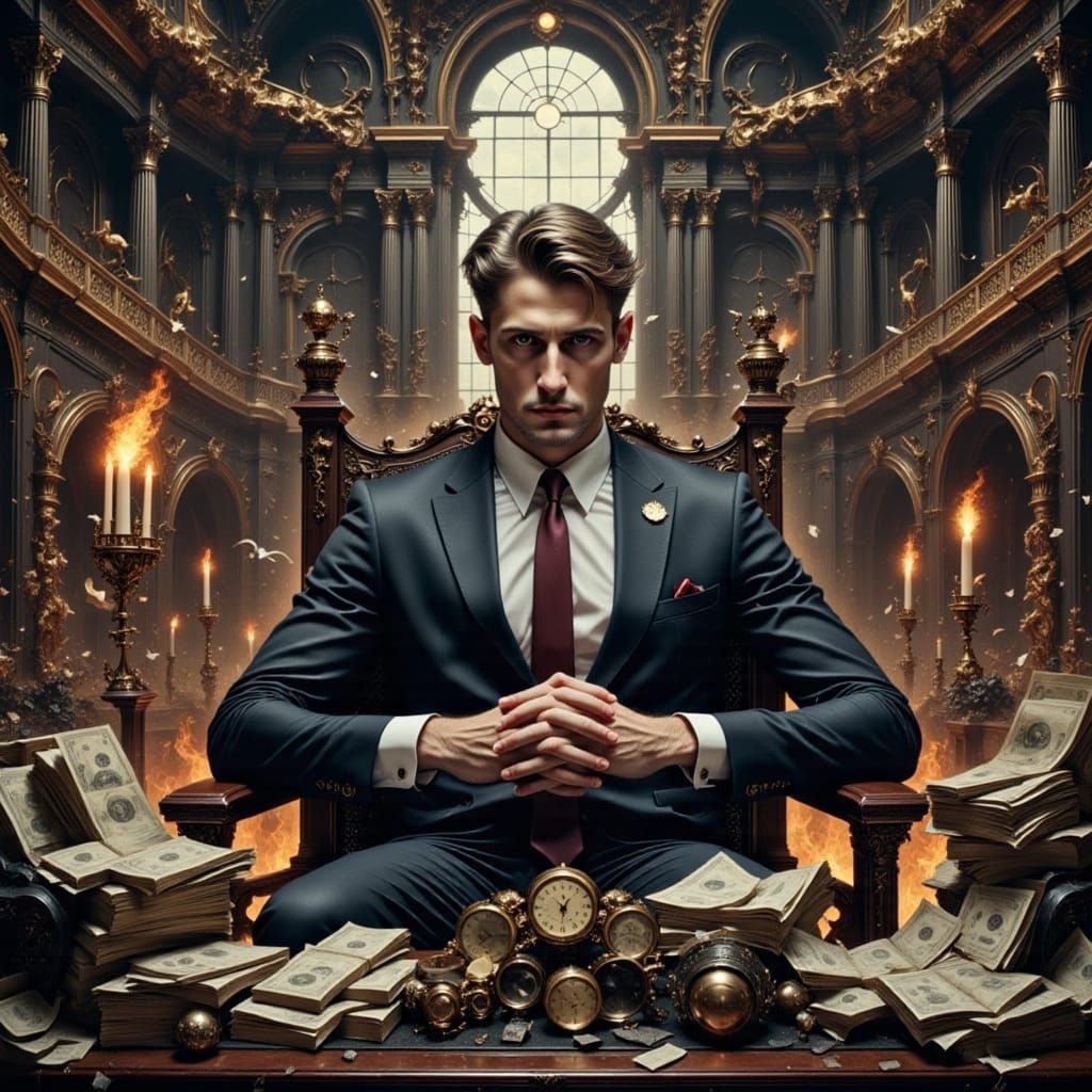 Greedy Businessman in Futuristic Office, Syd Mead Style