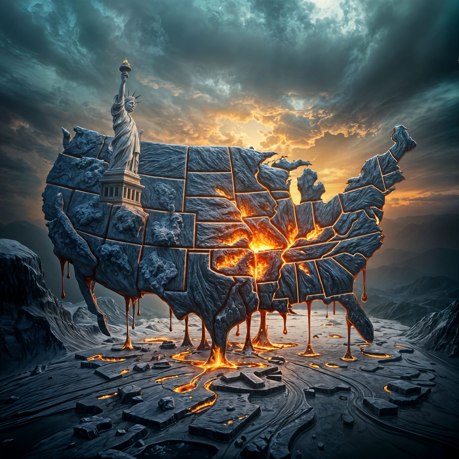 Melting America Map in Hyperrealistic Style