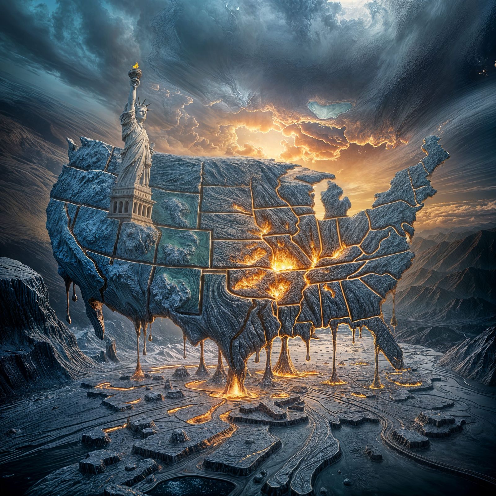 Melting America World Map in Hyperrealistic Style