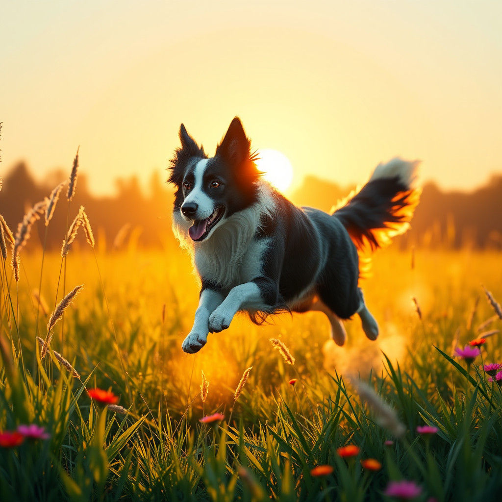 Border Collie Runs Through a Sunlit Field