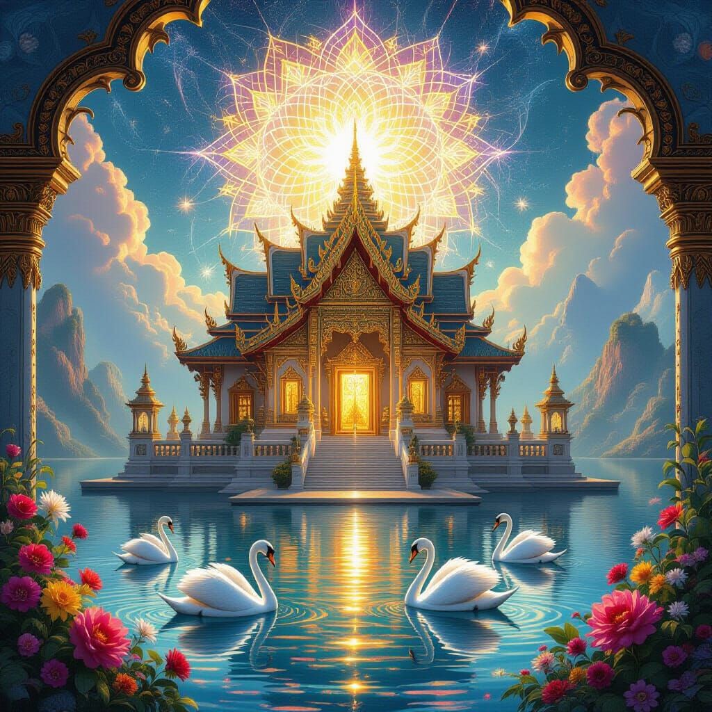 Luminous Island Temple Radiating Divine Light