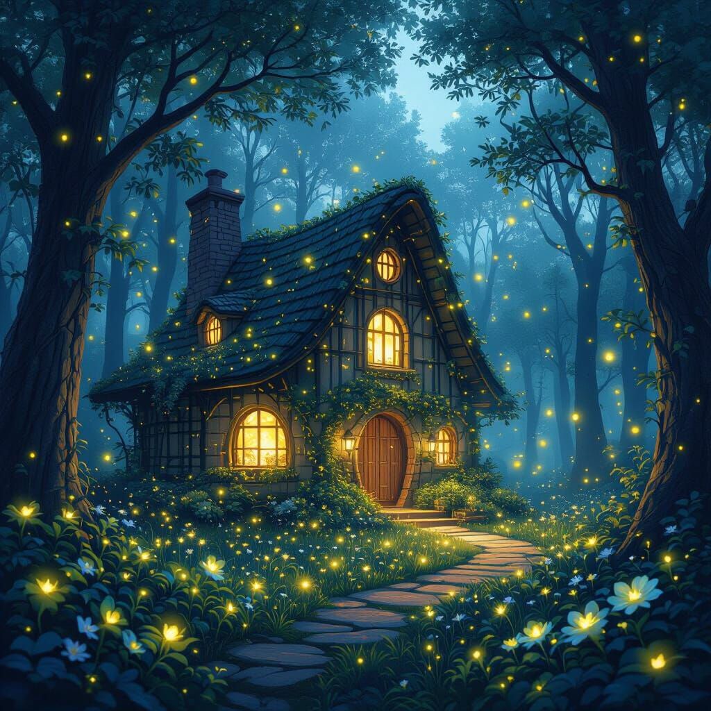 Dream House in Twilight Forest with Fireflies