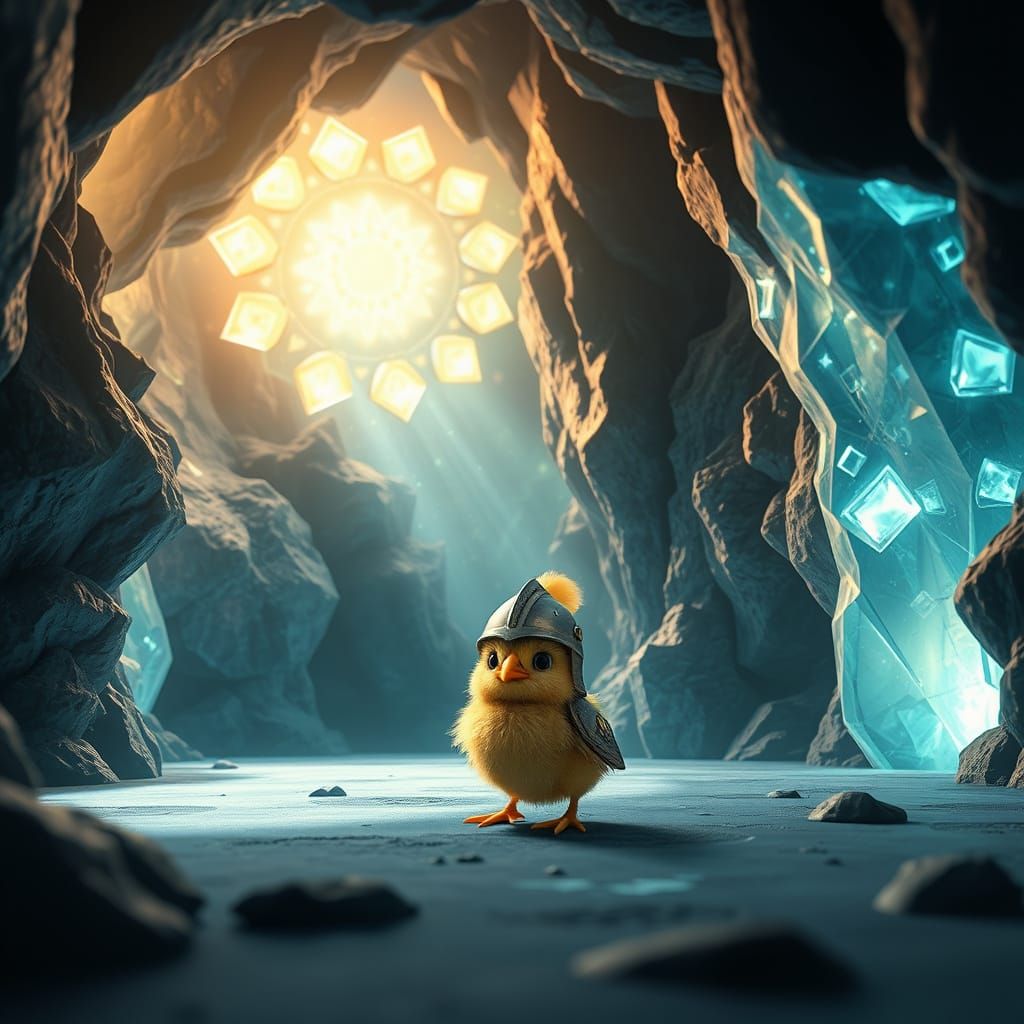 Chick Knight Guarding Crystal Cave: 3D Digital Art