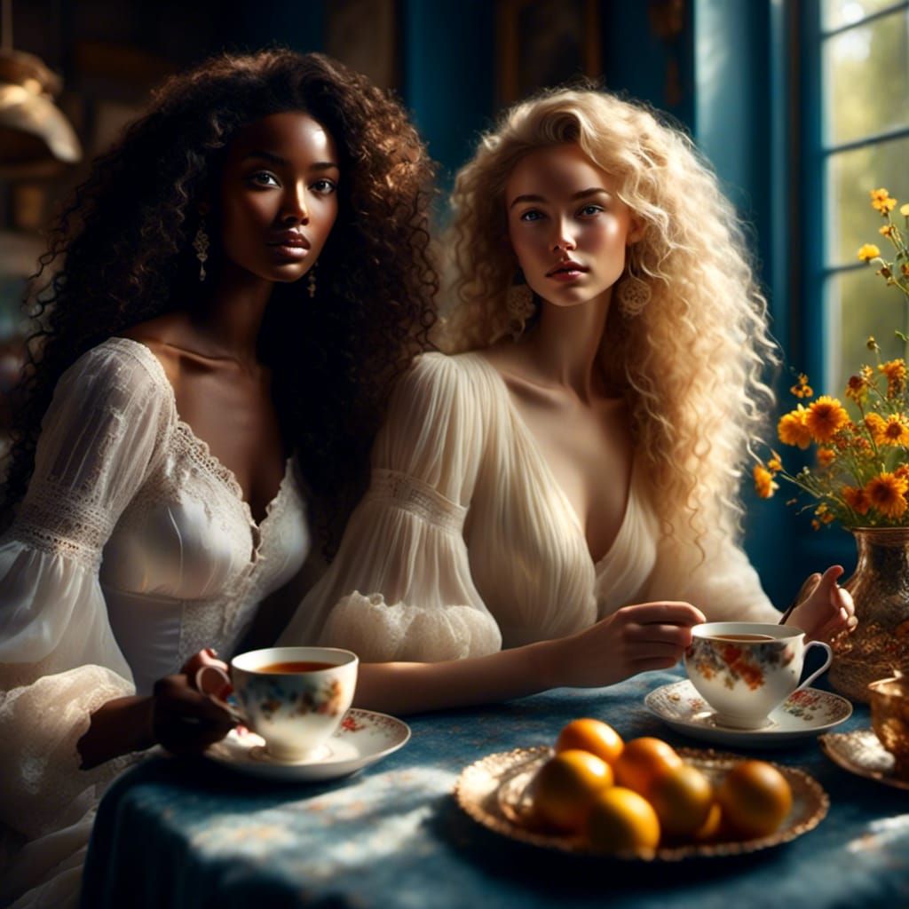 Realistic Portrait of Two Women Having Tea