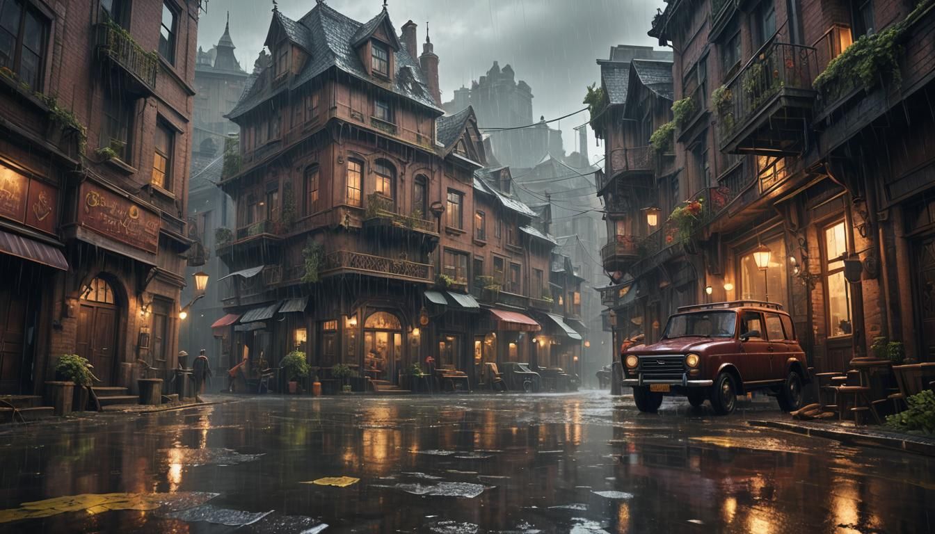 Detailed Matte Painting of a Rainy Day