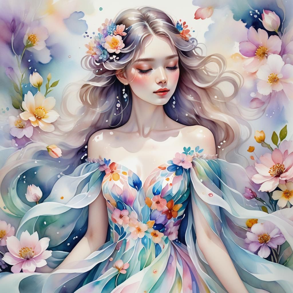 Crystal Girl Portrait in Watercolour Floral Style