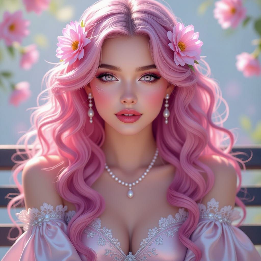 Woman with Pink Hair and Glowing Flowers