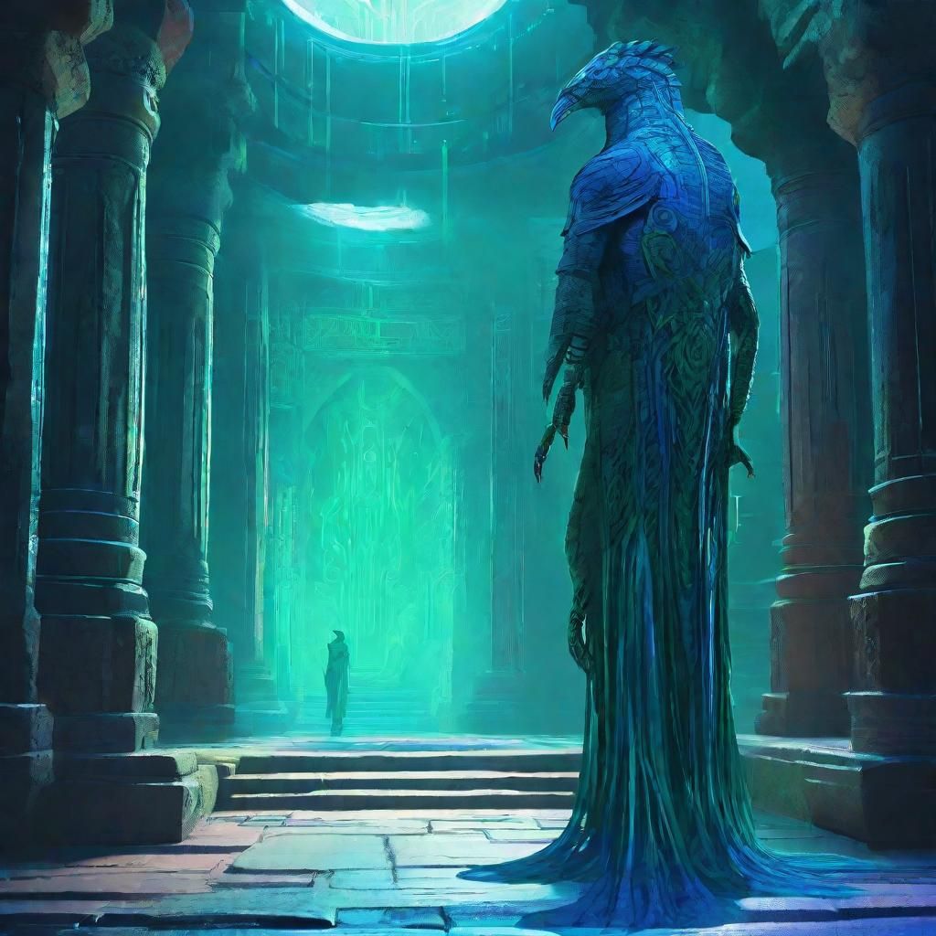 Bioluminescent Humanoid in Ancient Alien Temple