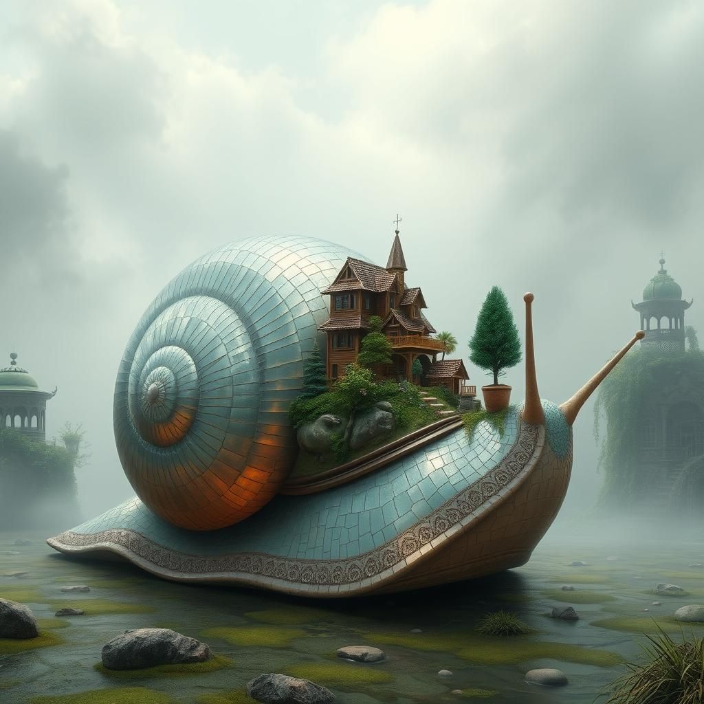 Iridescent Snail Village: Surreal Fantasy Art