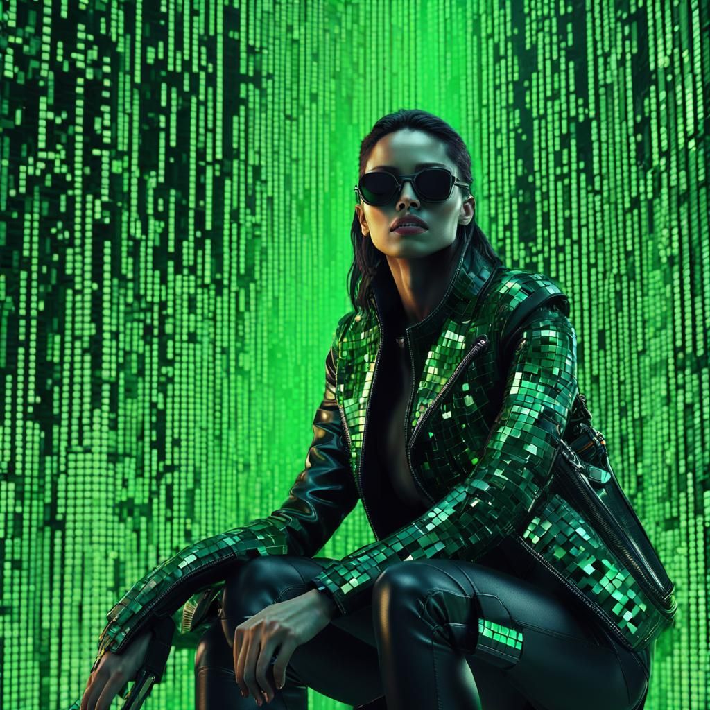 Stunning Woman in Matrix-Inspired Mosaic Render