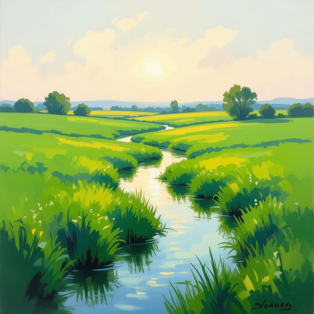 Impressionist Green Field With Winding Streams
