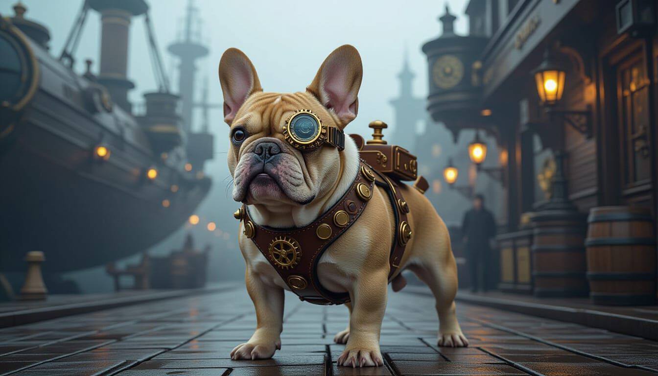 Steampunk French Bulldog in Victorian Airship Dock