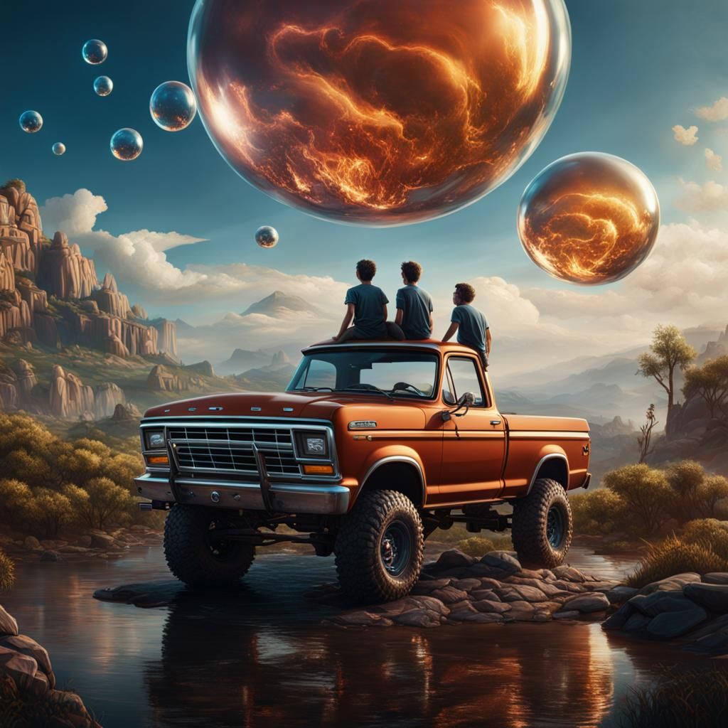 Teenage Boys with Ford Truck in Bubble