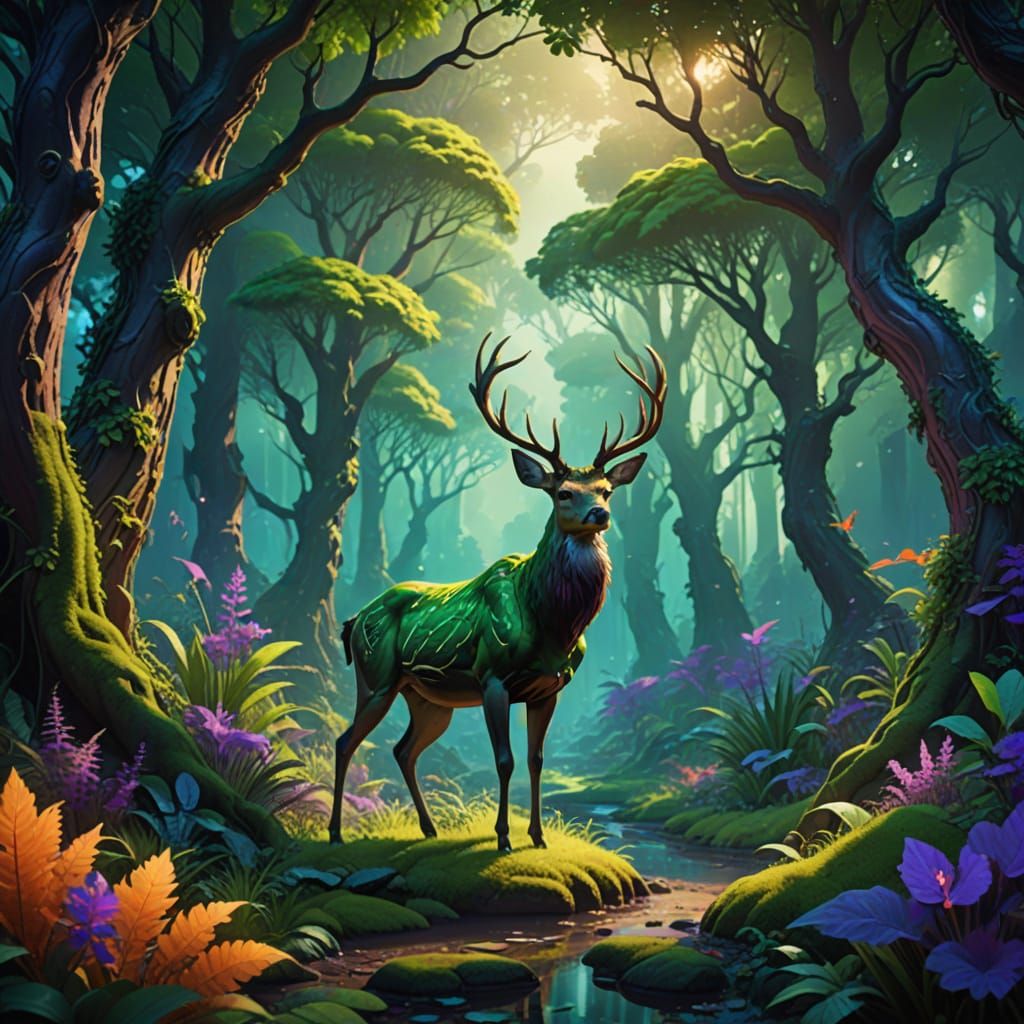 Fantastical Phoenix Deer in Vibrant Forest