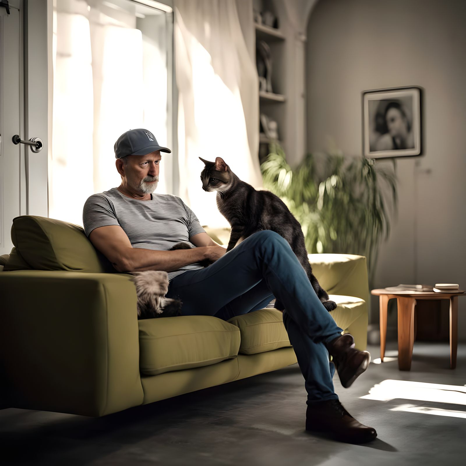 Man and Cat Share a Gentle Moment in Cozy Autumn Setting