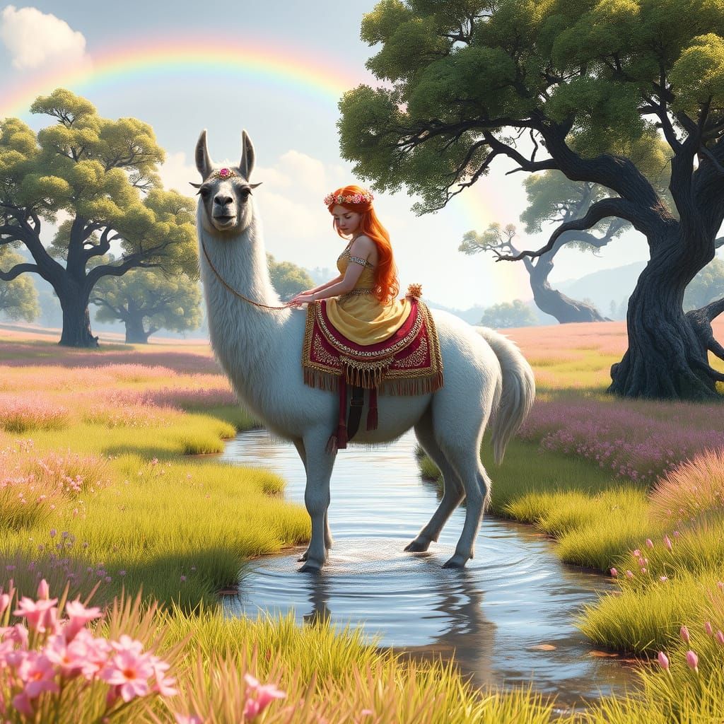 Idyllic Meadow Scene with Majestic Llama and Rainbow