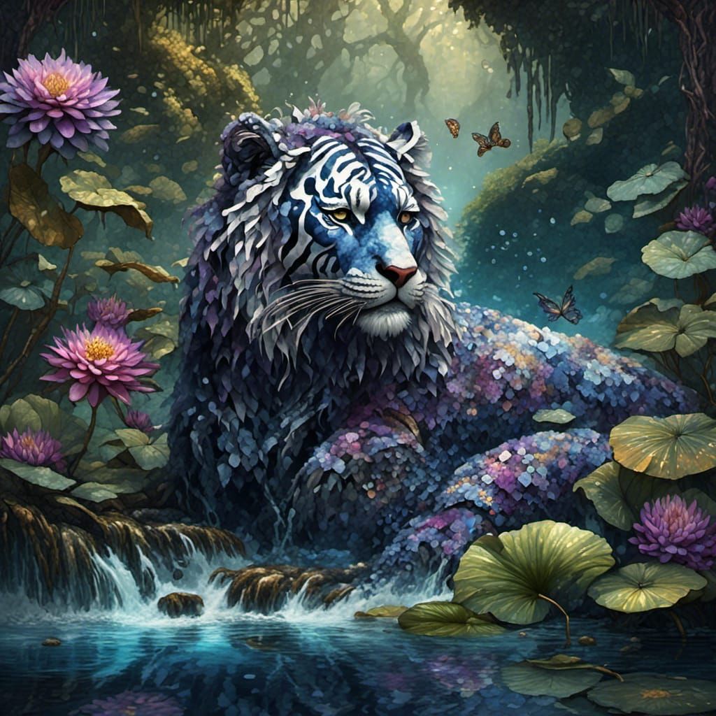 Blue Tiger with Water Lilies in Jungle Clearing