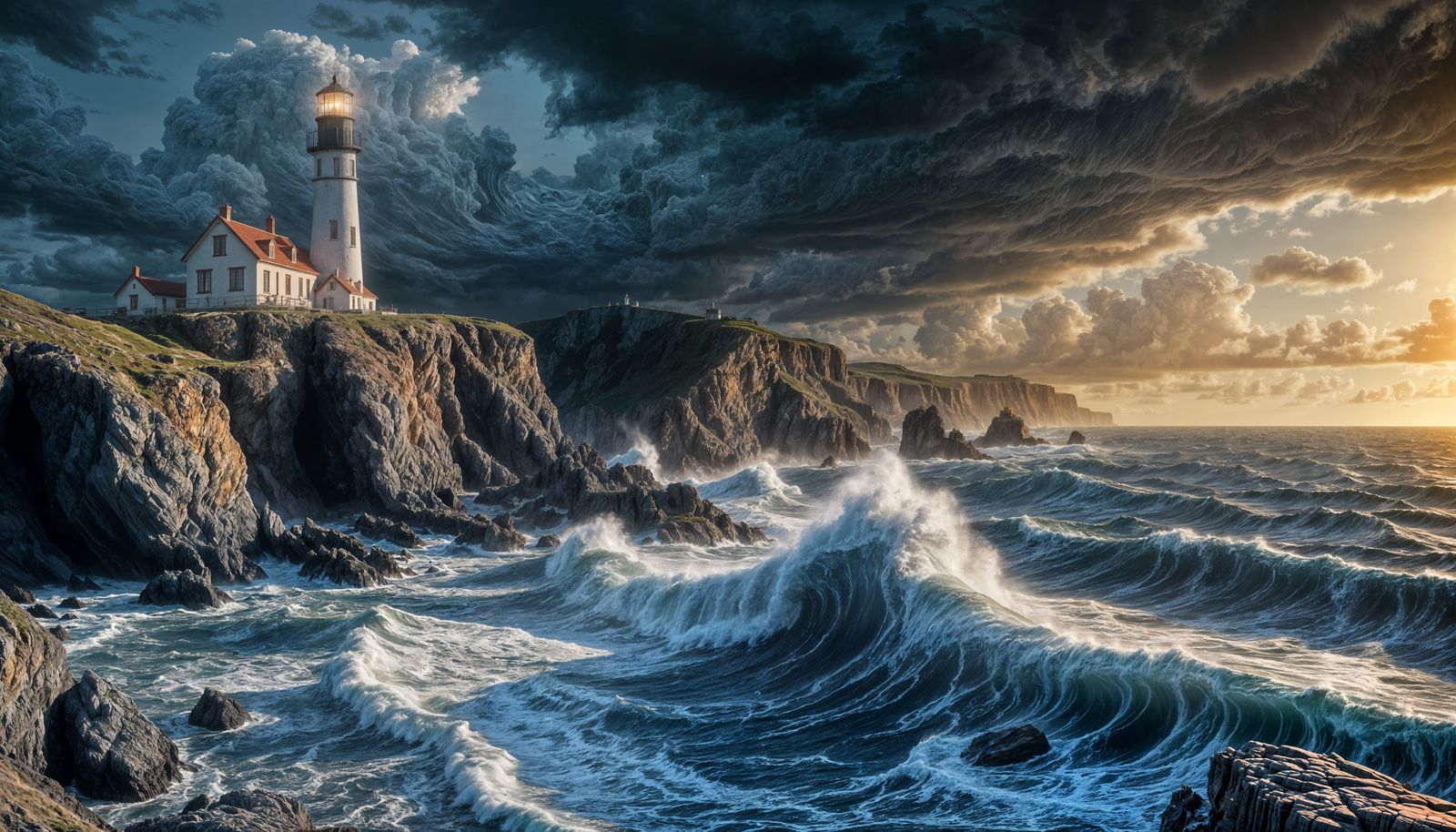 Dramatic Coastal Landscape with Lighthouse at Sunset