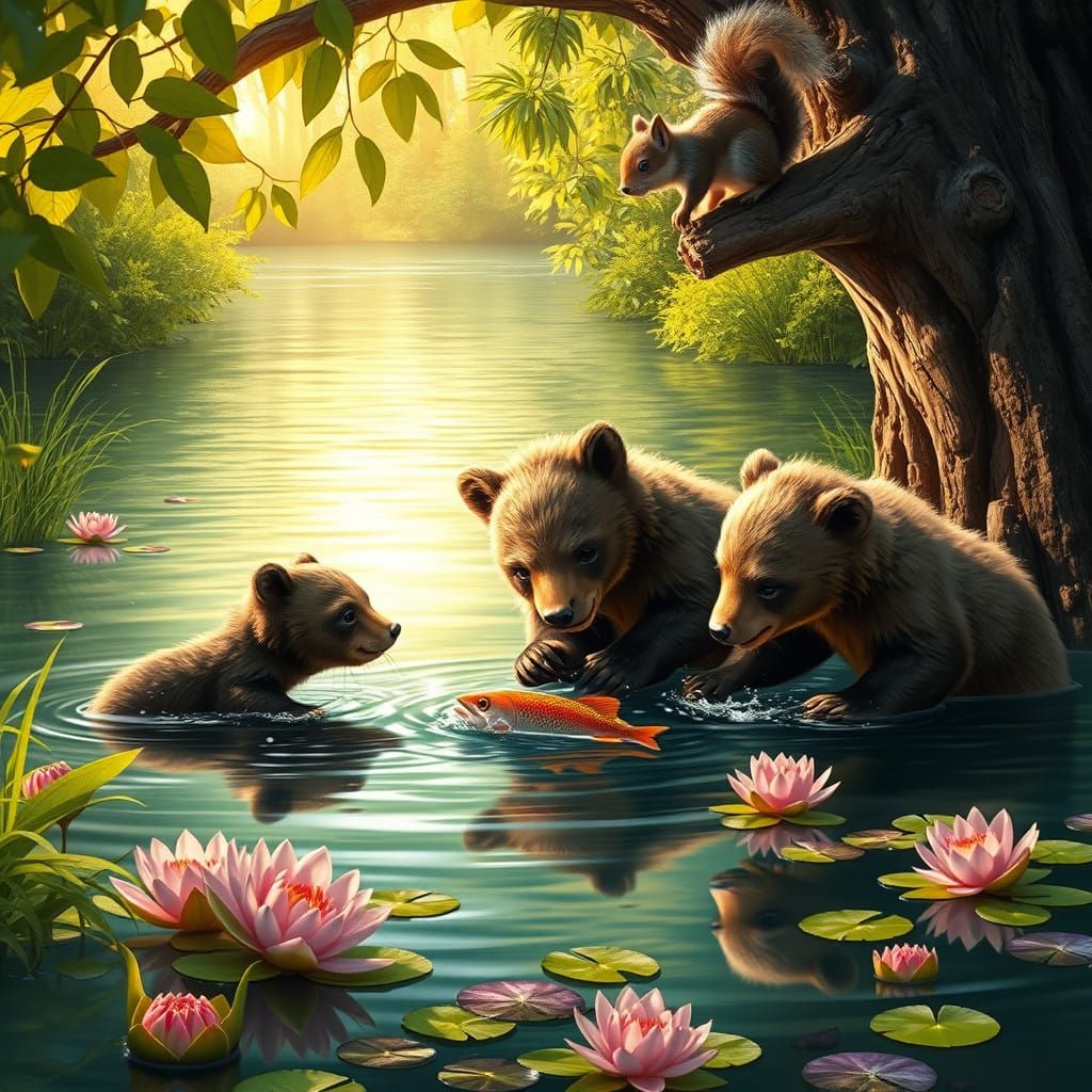 Young Bear Cub Seeks Fish in Serene River Landscape