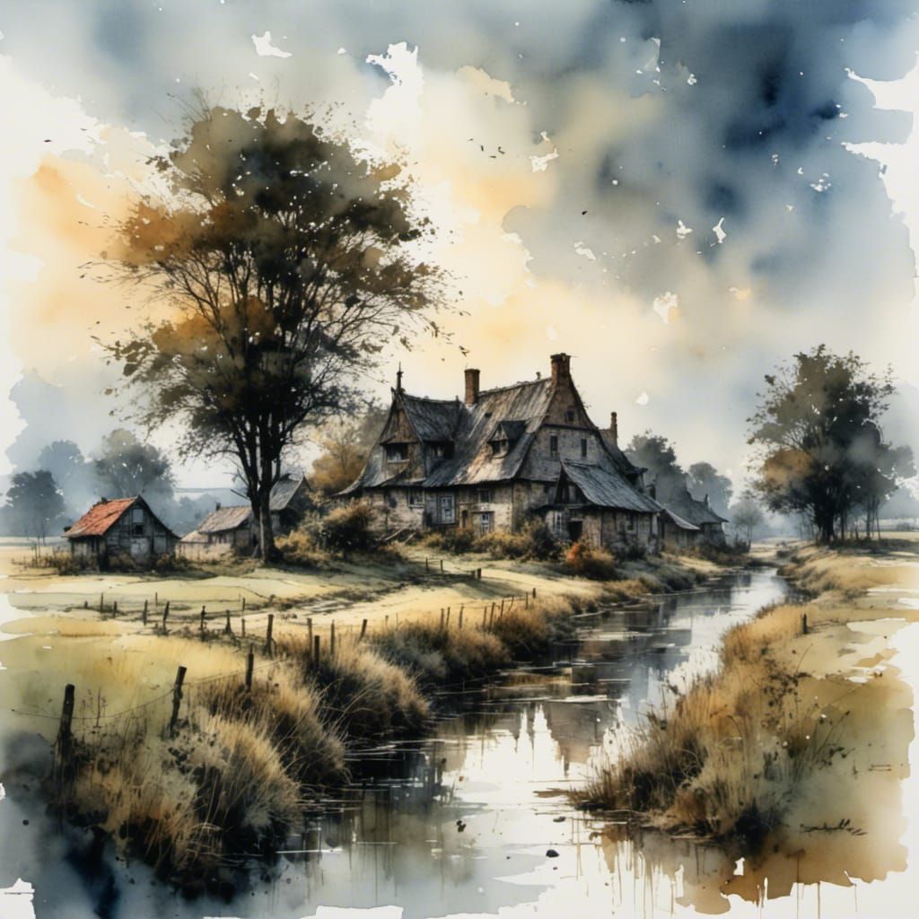 A beautiful landscape of a Dutch village in the country at dawn