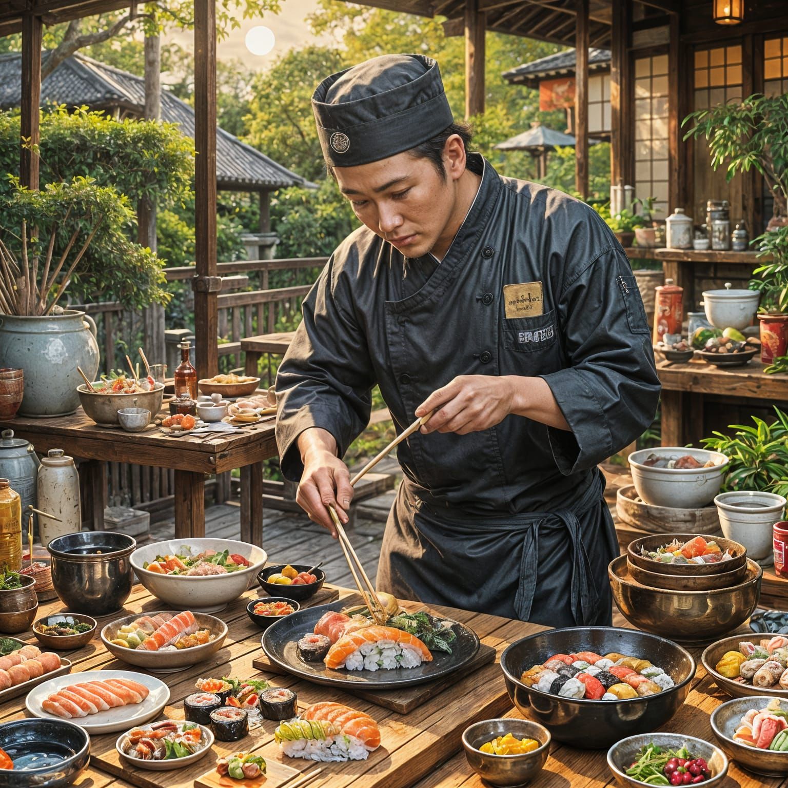 Japanese Sushi Chef in Golden Light, Hyperdetailed Rendering