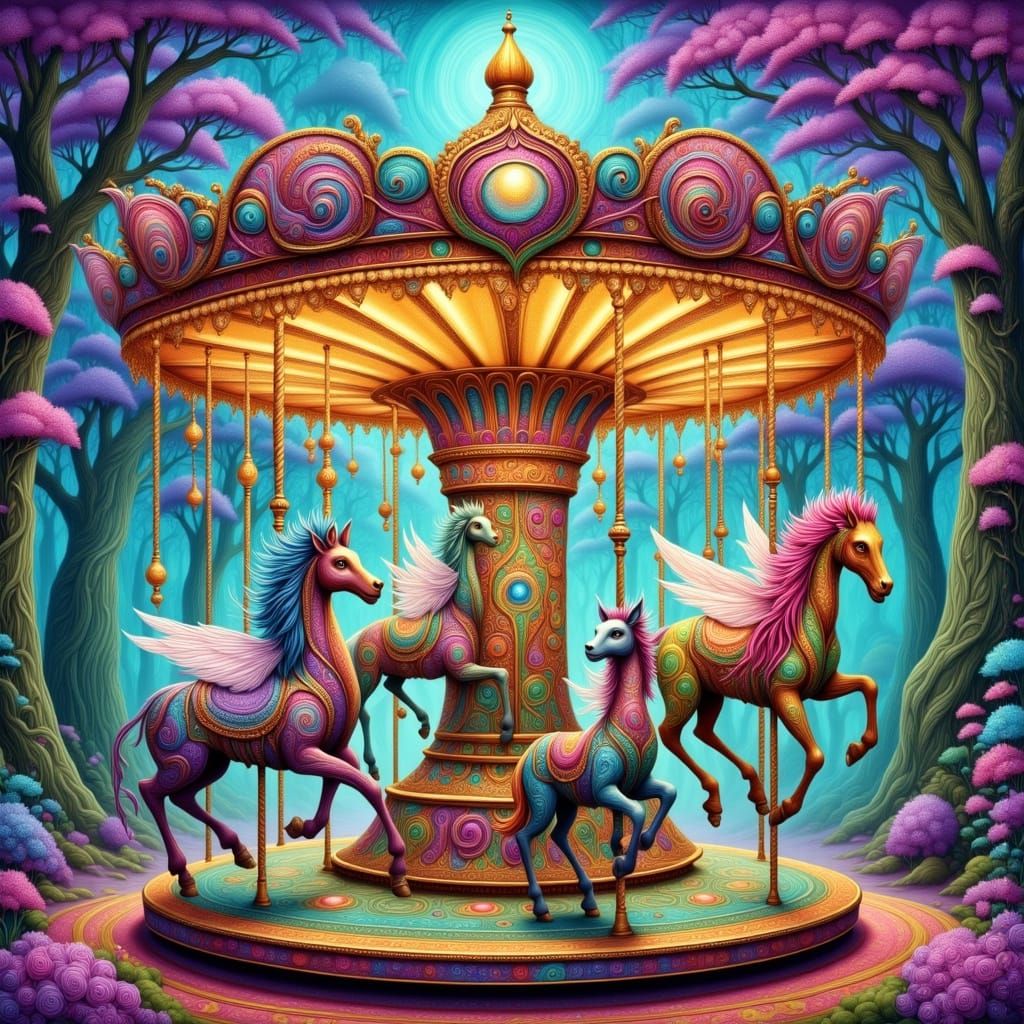 Fairies Riding Paisley Creatures on a Whimsical Carousel