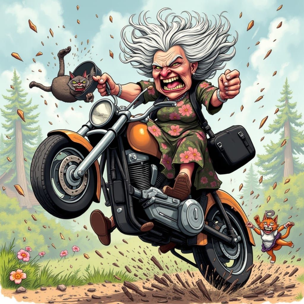 Angry Woman Rides Motorcycle with Cat