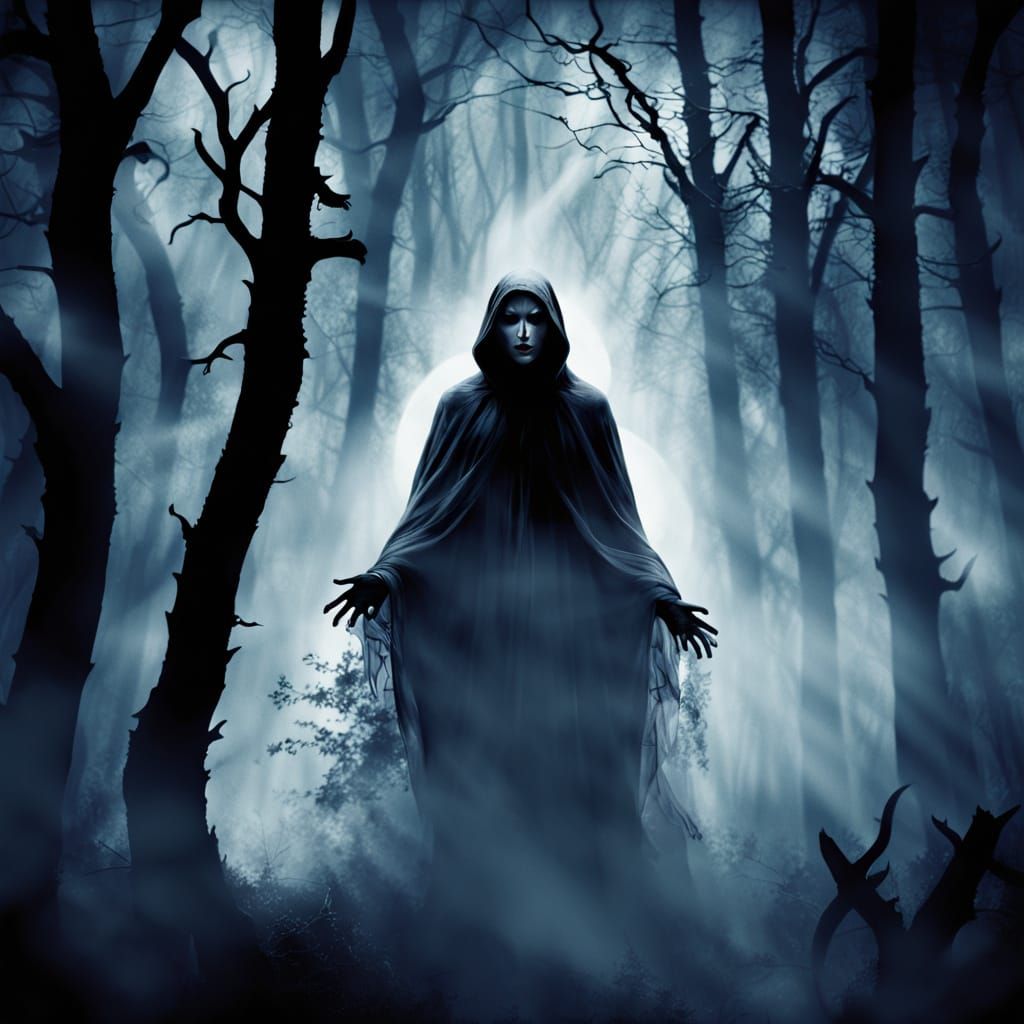 Ghostly Figure in Moonlit Forest