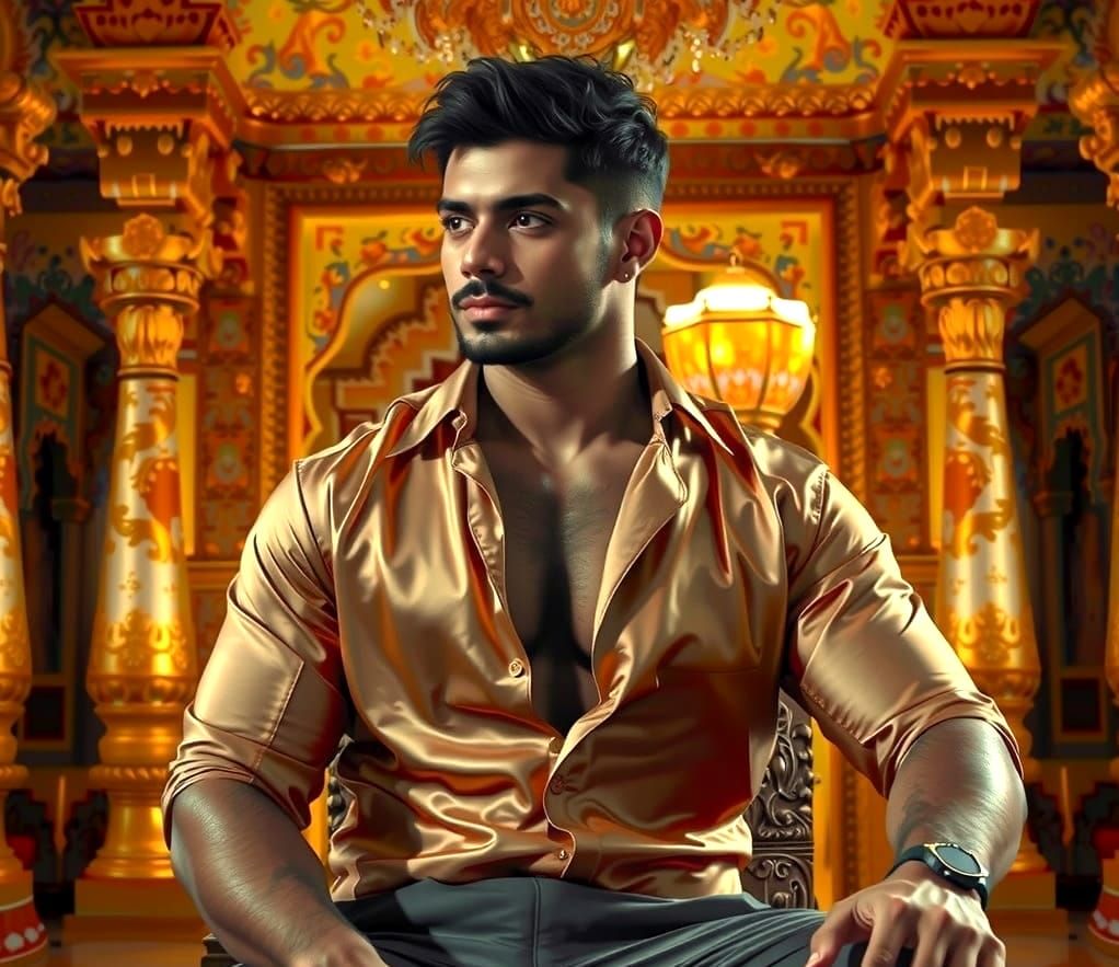 Handsome Man in Silver Silk Shirt at Golden Palace