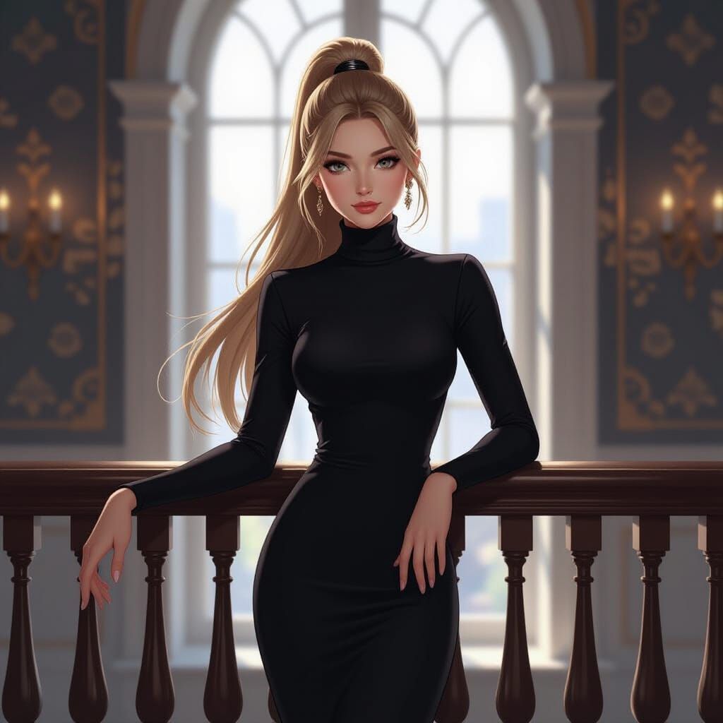 Anime Woman in Turtleneck on Balcony, Cinematic Style
