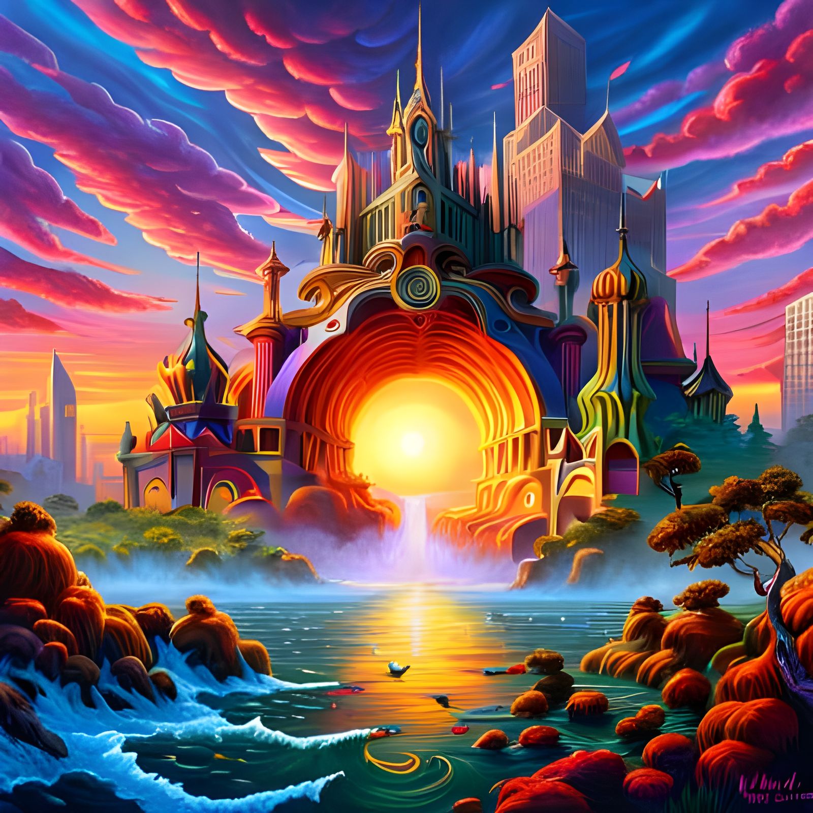 Psychedelic Art Nouveau Fantasy Landscape Wallpaper