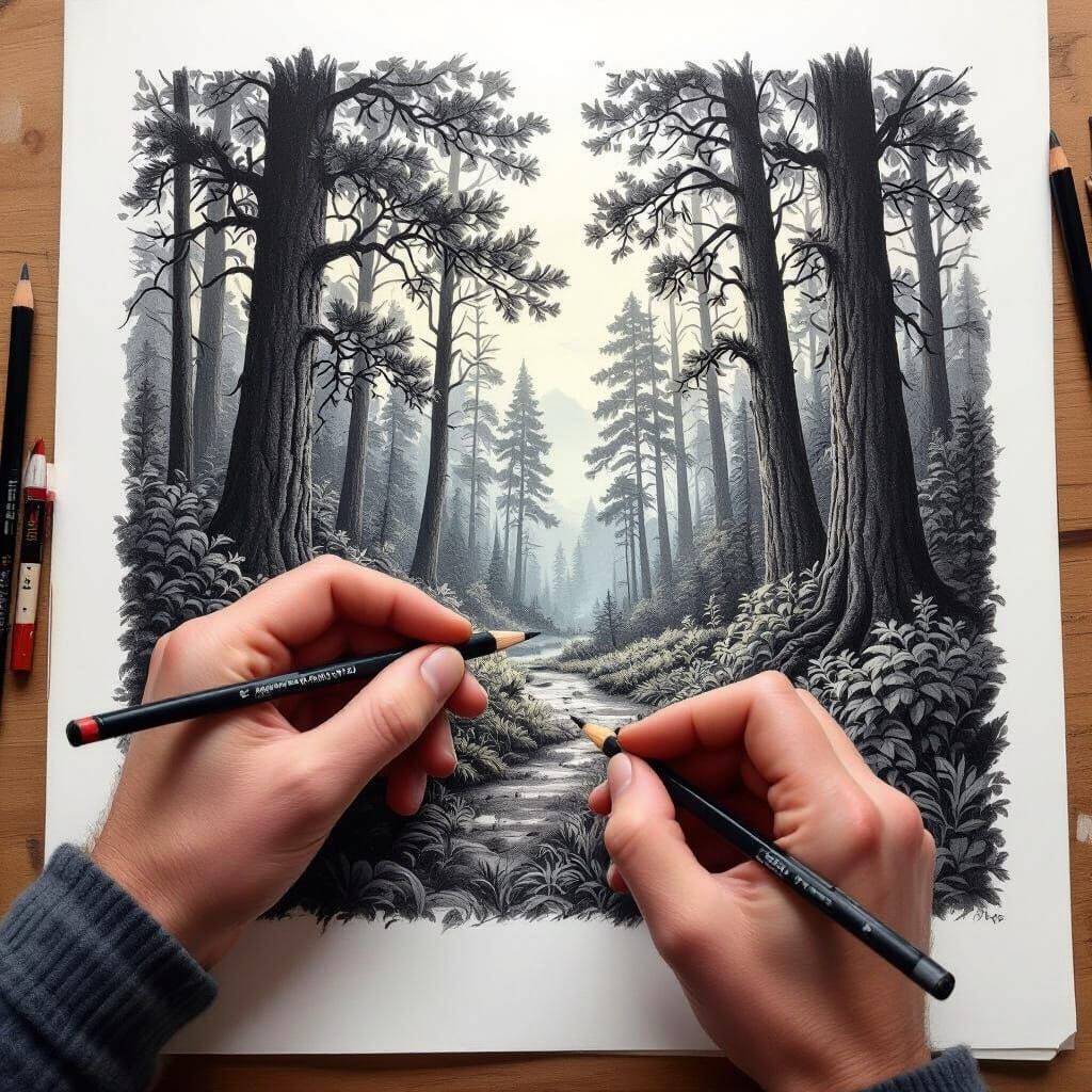 Hand Sketching Realistic Forest in Hyperrealism Style