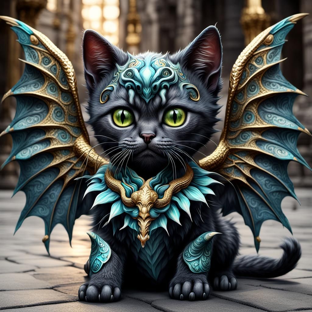 Ornate Dragon-Winged Kitten in Ultra Detail