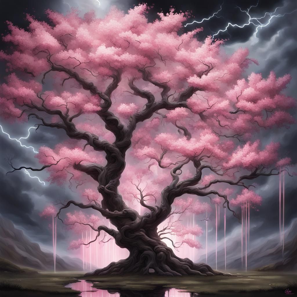 Surreal Cherry Blossom Tree with Cloud Petals