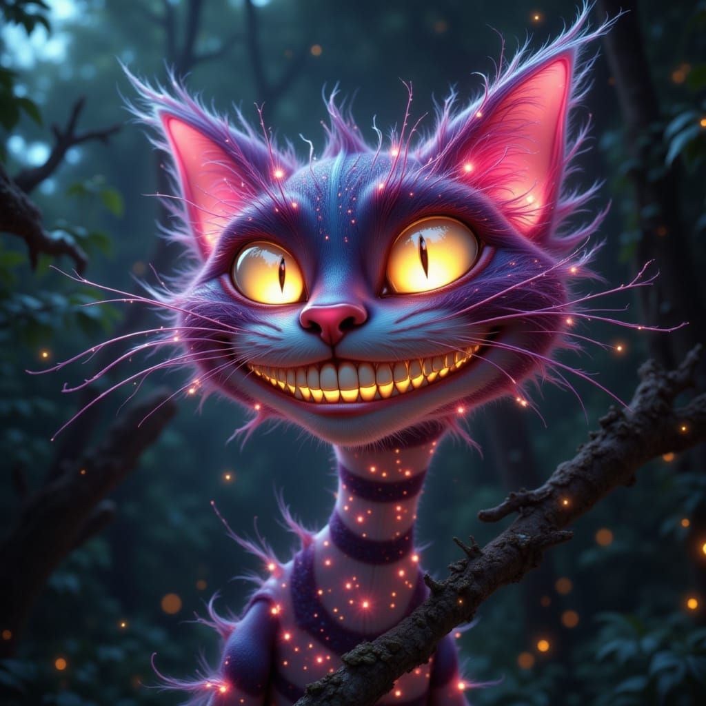 Mischievous Hologram Cheshire Cat in Digital Forest